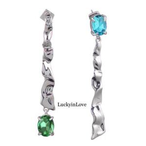 New ALEXIS BITTAR Mismatch Linear Crumpled Silver Blue/Green Drop Earrings
